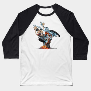 Funny biker riding a chopper, popping a wheelie motorcycle cartoon Baseball T-Shirt